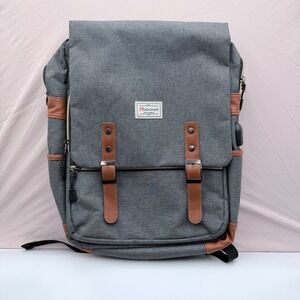Modoker Vintage Laptop Backpack Grey Brown USB Charging Port Rucksack 15.6 Inch
